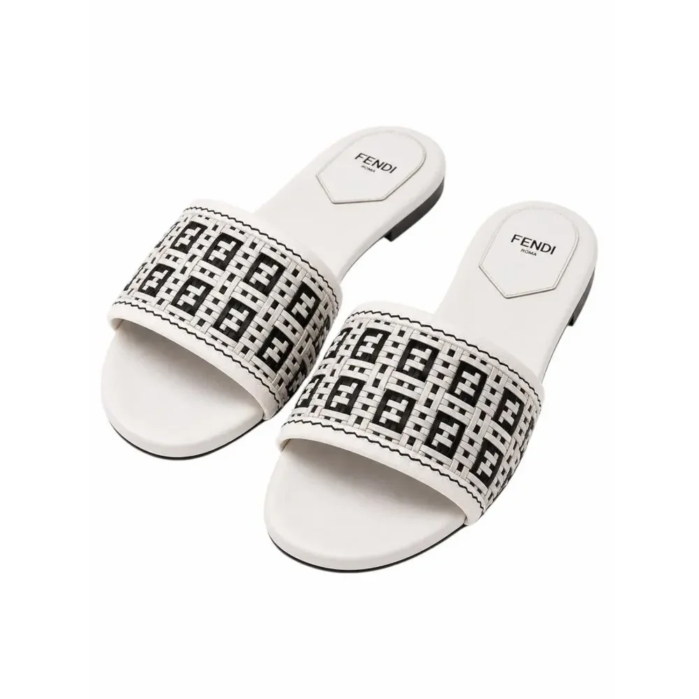 Fendi Rafia Weave Logo Leather Slide Sandal White Black Size 38.5